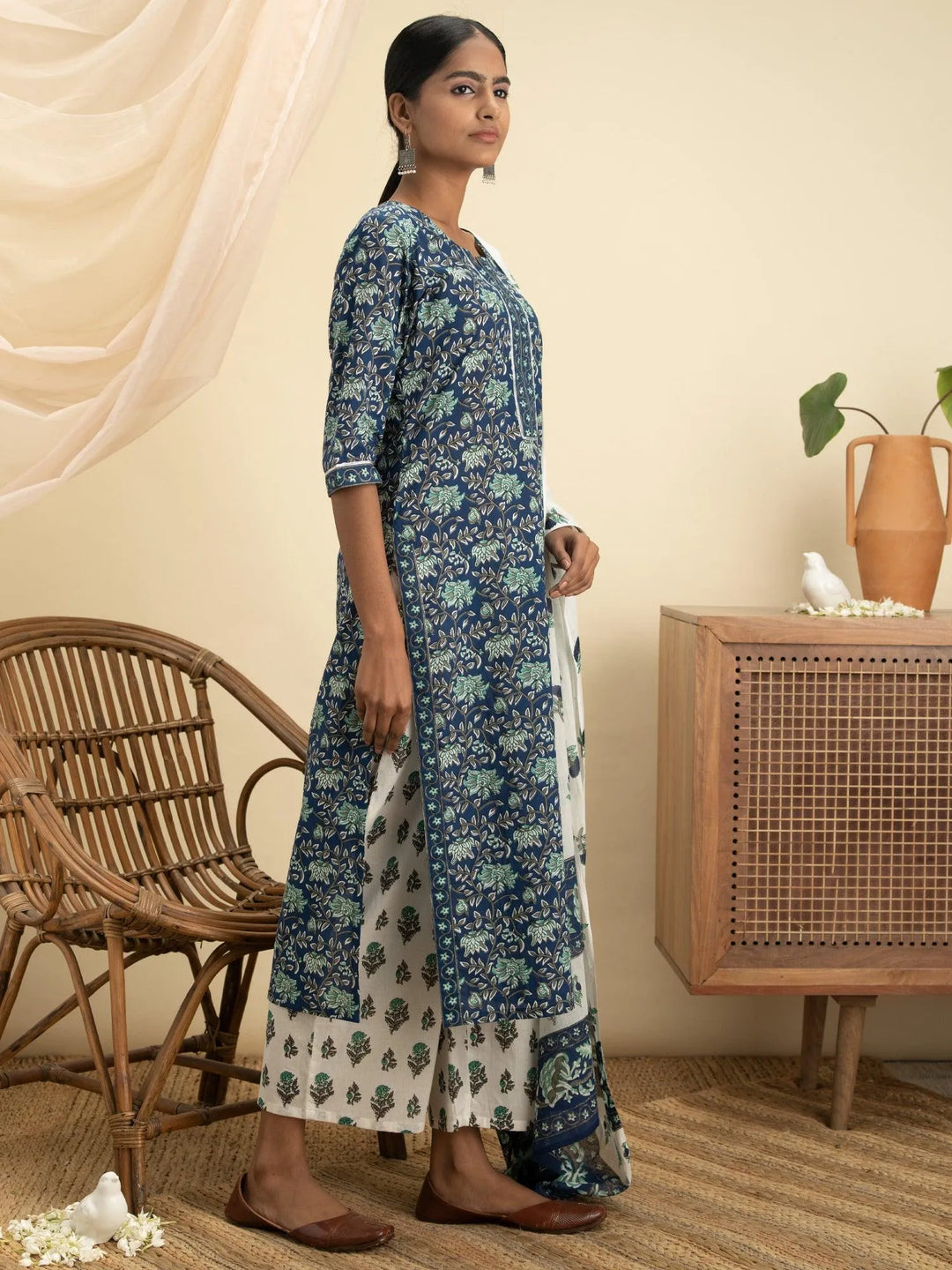 Blue Printed Cotton Suit Set - Libas 