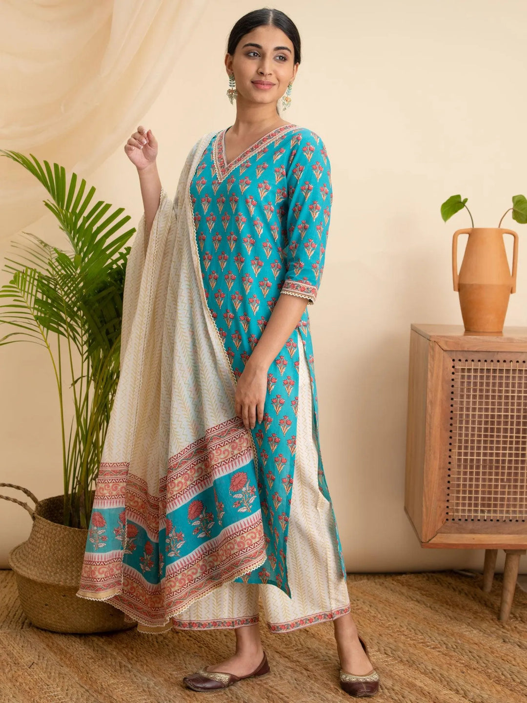 Blue Printed Cotton Straight Kurta With Palazzos & Dupatta - Libas