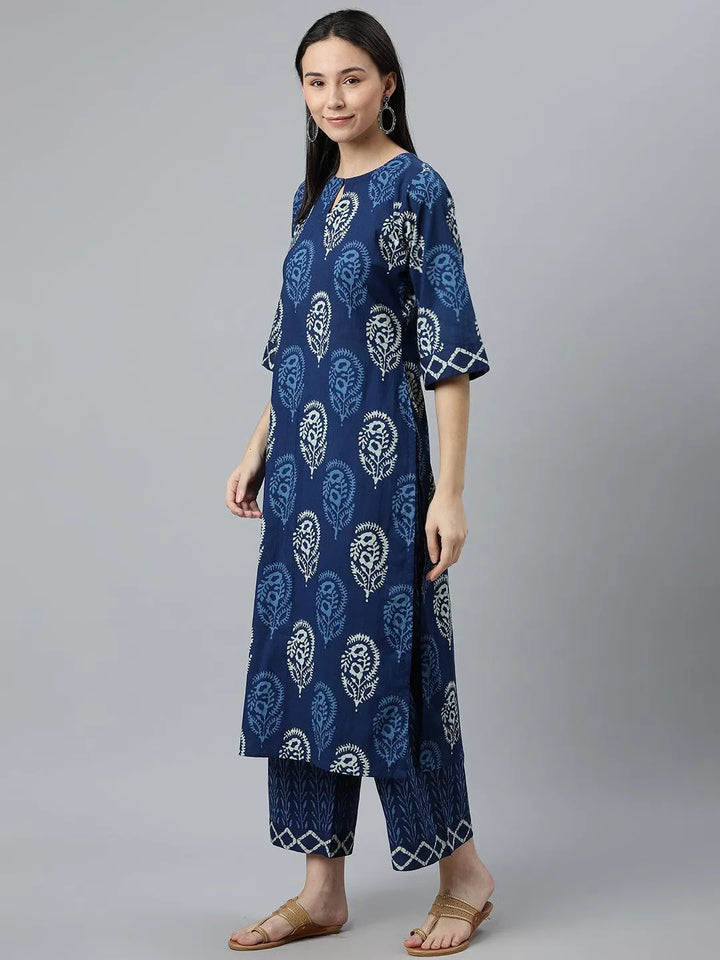 Blue Printed Cotton Suit Set - Libas