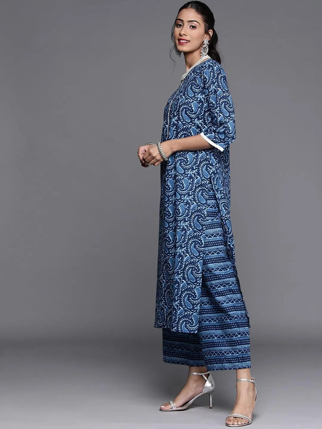 Blue Printed Cotton Suit Set - Libas 