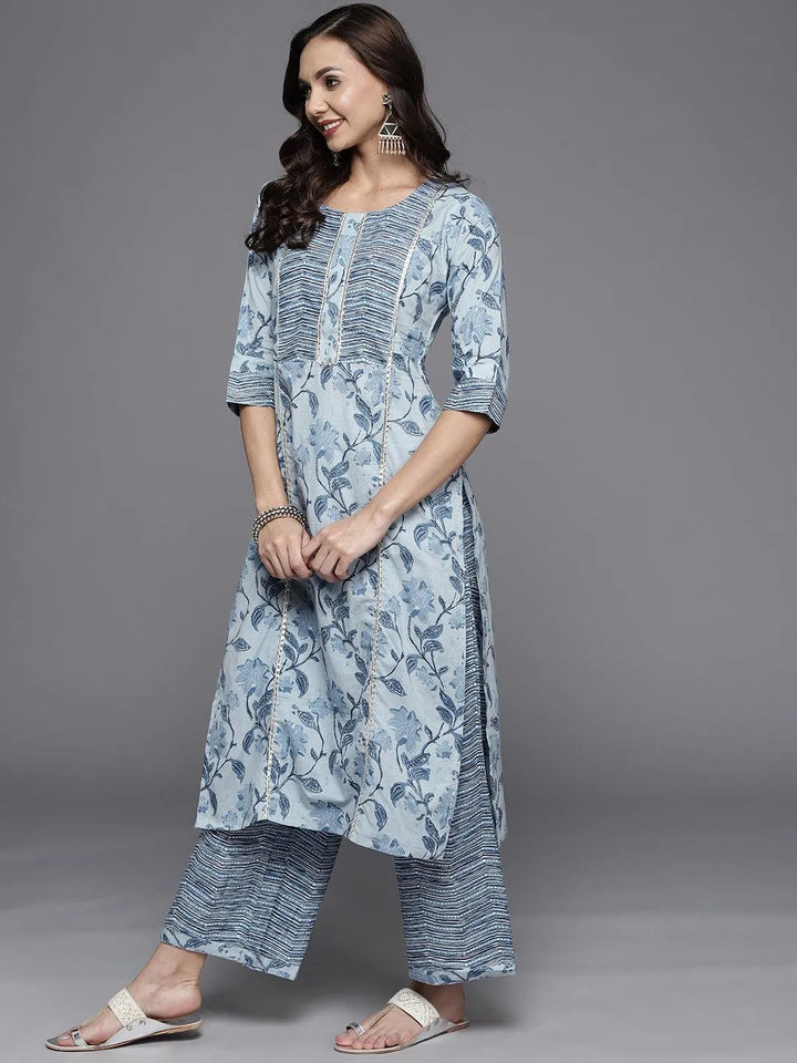 Blue Printed Cotton Straight Suit Set - Libas