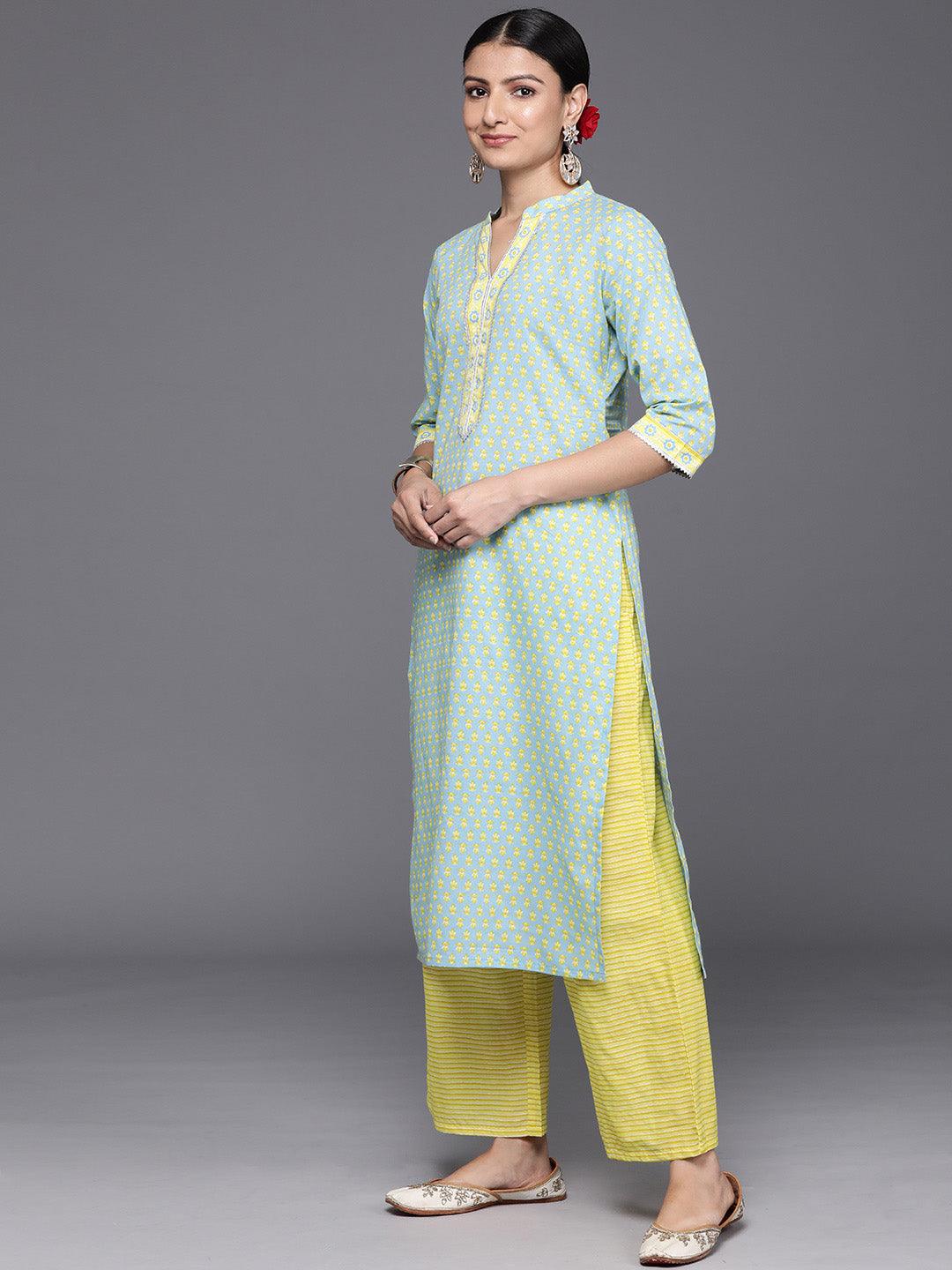 Blue Printed Cotton Straight Kurta With Palazzos & Dupatta - Libas 