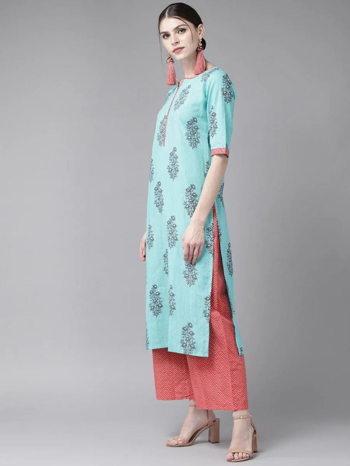 Blue Printed Cotton Suit Set - Libas