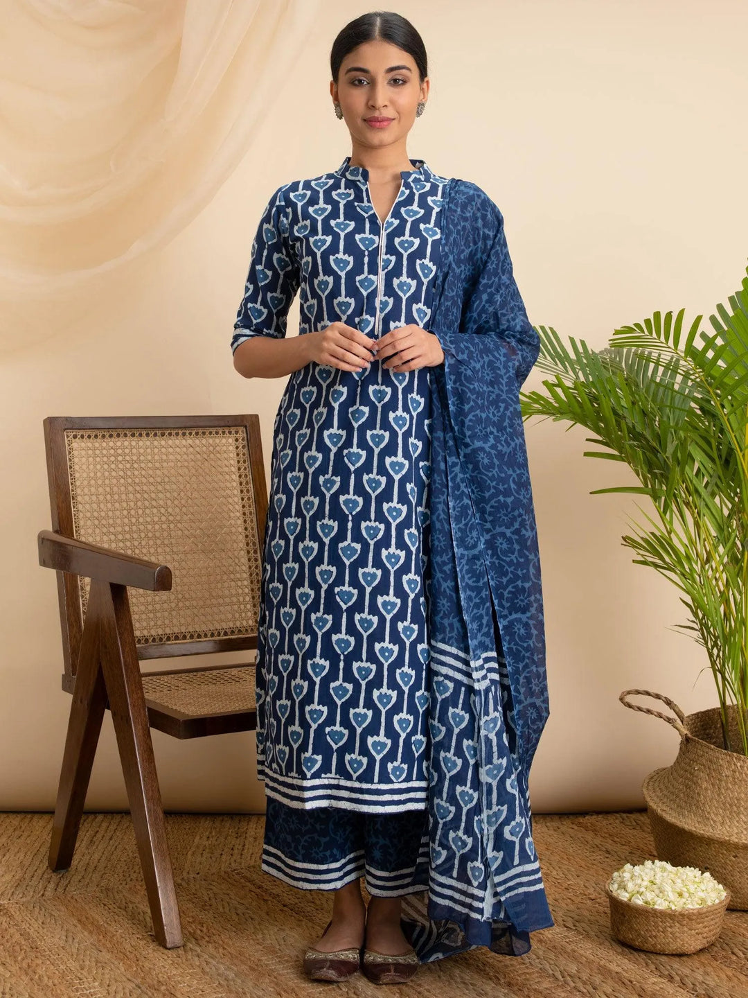 Blue Printed Cotton Suit Set - Libas 