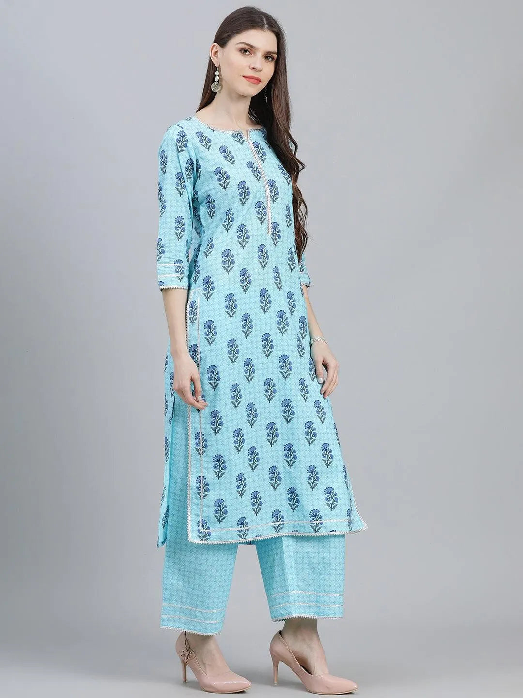 Blue Printed Cotton Suit Set - Libas 