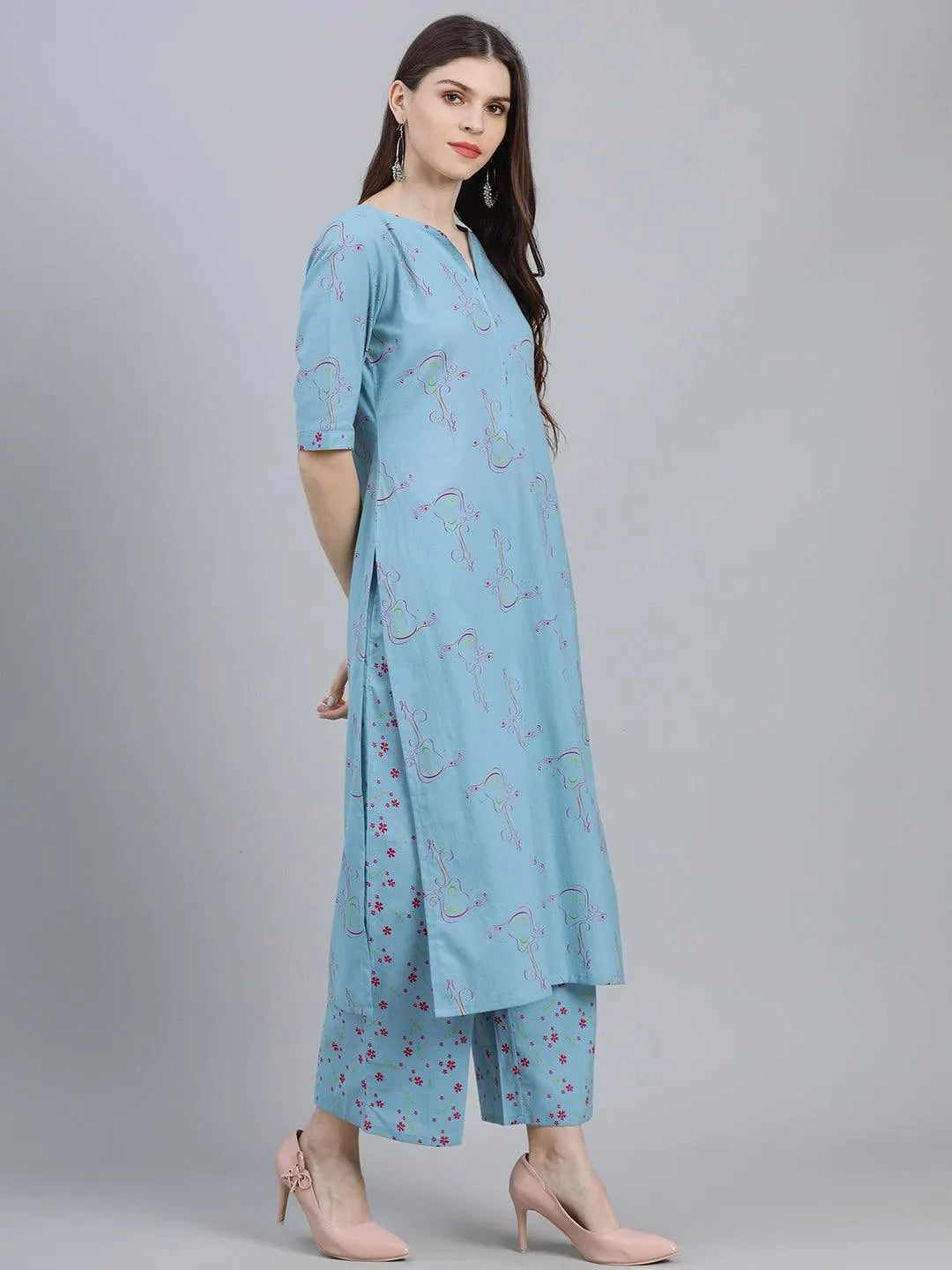 Blue Printed Cotton Suit Set - Libas 