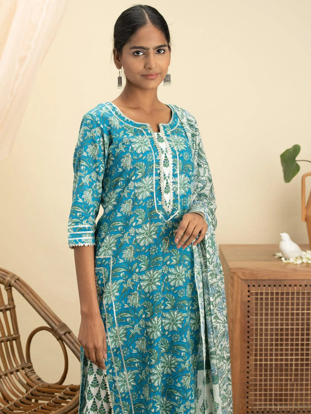 Blue Printed Cotton Suit Set - Libas 