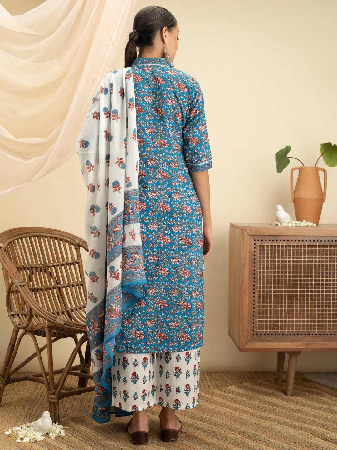 Blue Printed Cotton Suit Set - Libas 