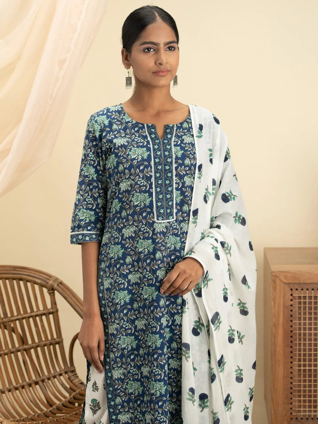 Blue Printed Cotton Suit Set - Libas 