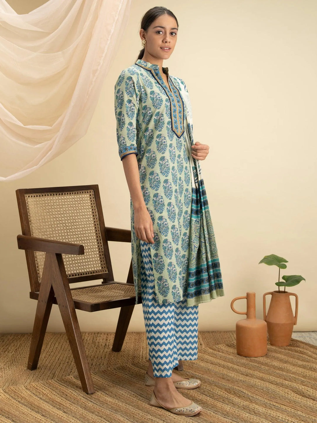 Blue Printed Cotton Suit Set - Libas