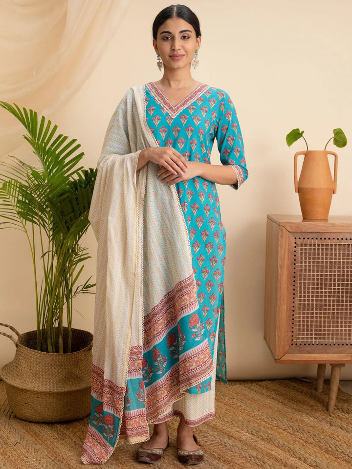 Blue Printed Cotton Straight Kurta With Palazzos & Dupatta - Libas