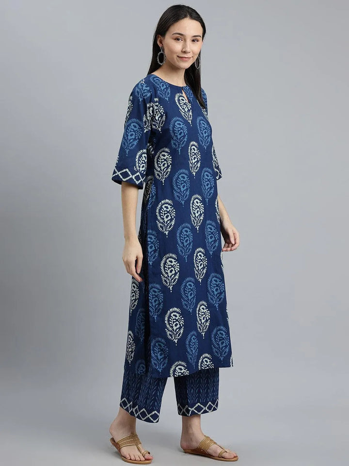 Blue Printed Cotton Suit Set - Libas