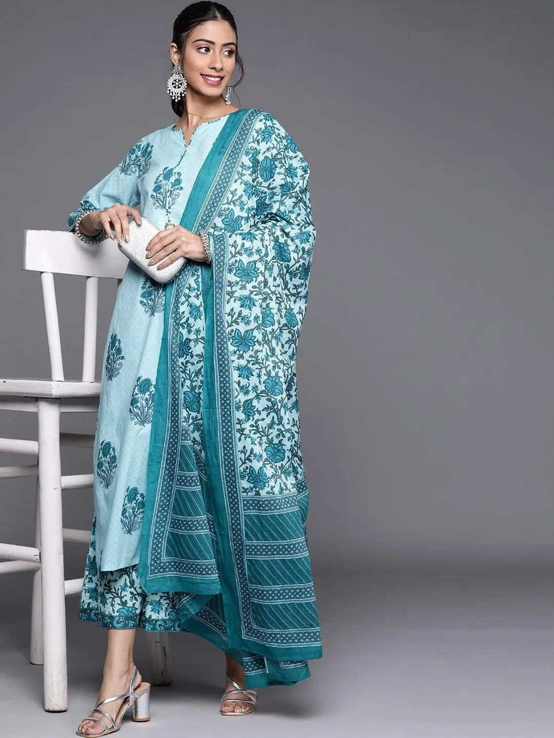 Blue Printed Cotton Suit Set - Libas 