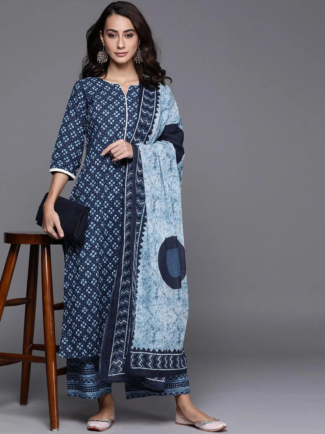 Blue Printed Cotton Suit Set - Libas 