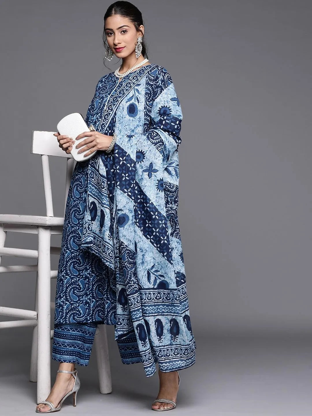 Blue Printed Cotton Suit Set - Libas 