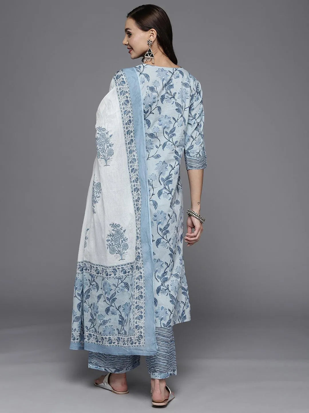 Blue Printed Cotton Straight Suit Set - Libas