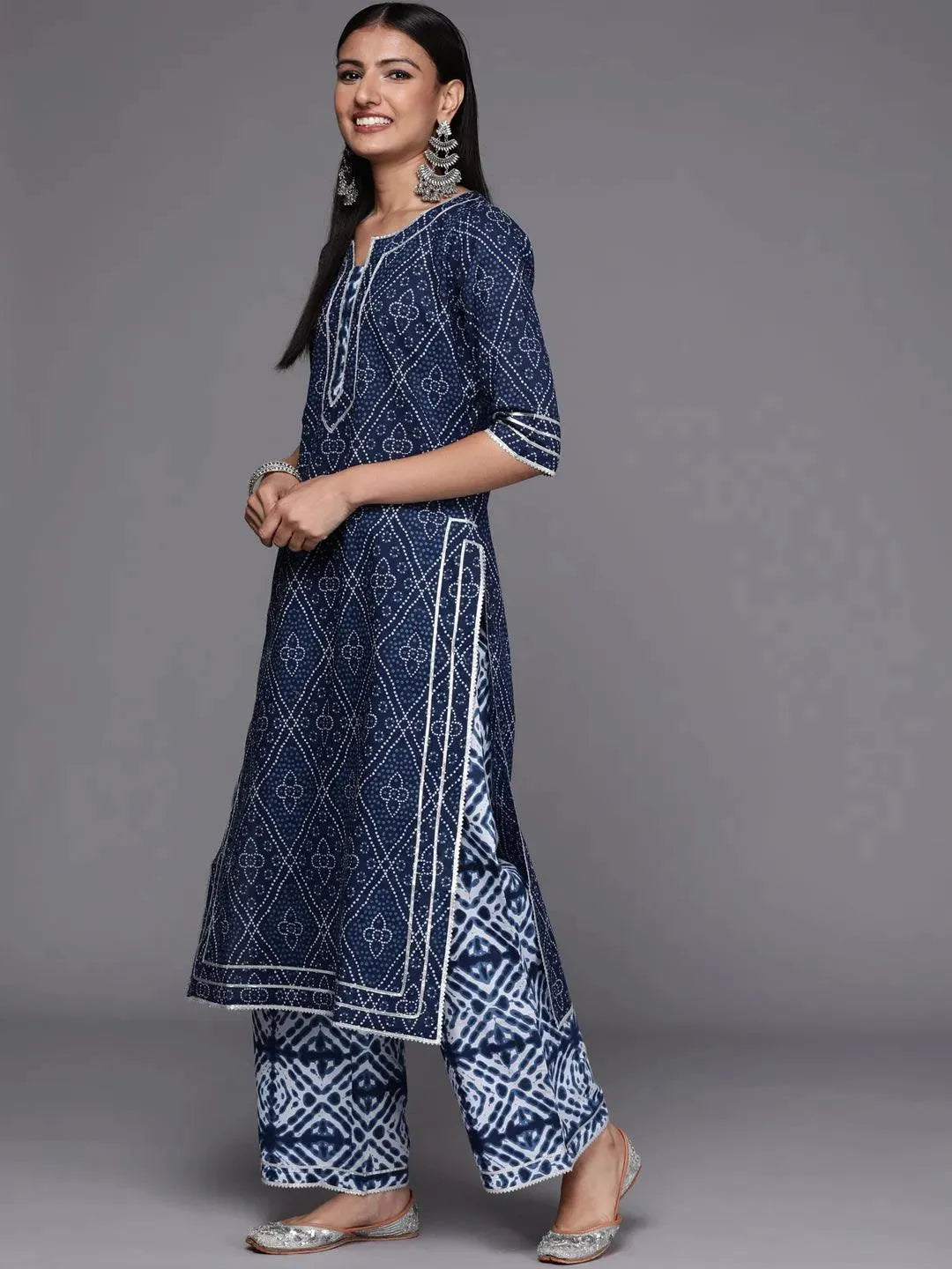 

Blue Printed Cotton Straight Kurta With Palazzos & Dupatta