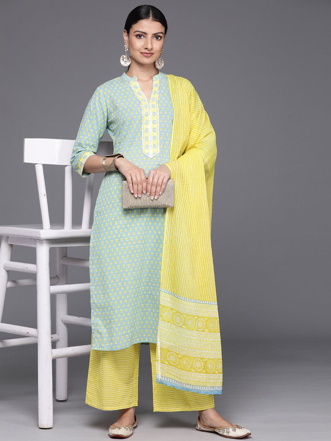 Blue Printed Cotton Straight Kurta With Palazzos & Dupatta - Libas