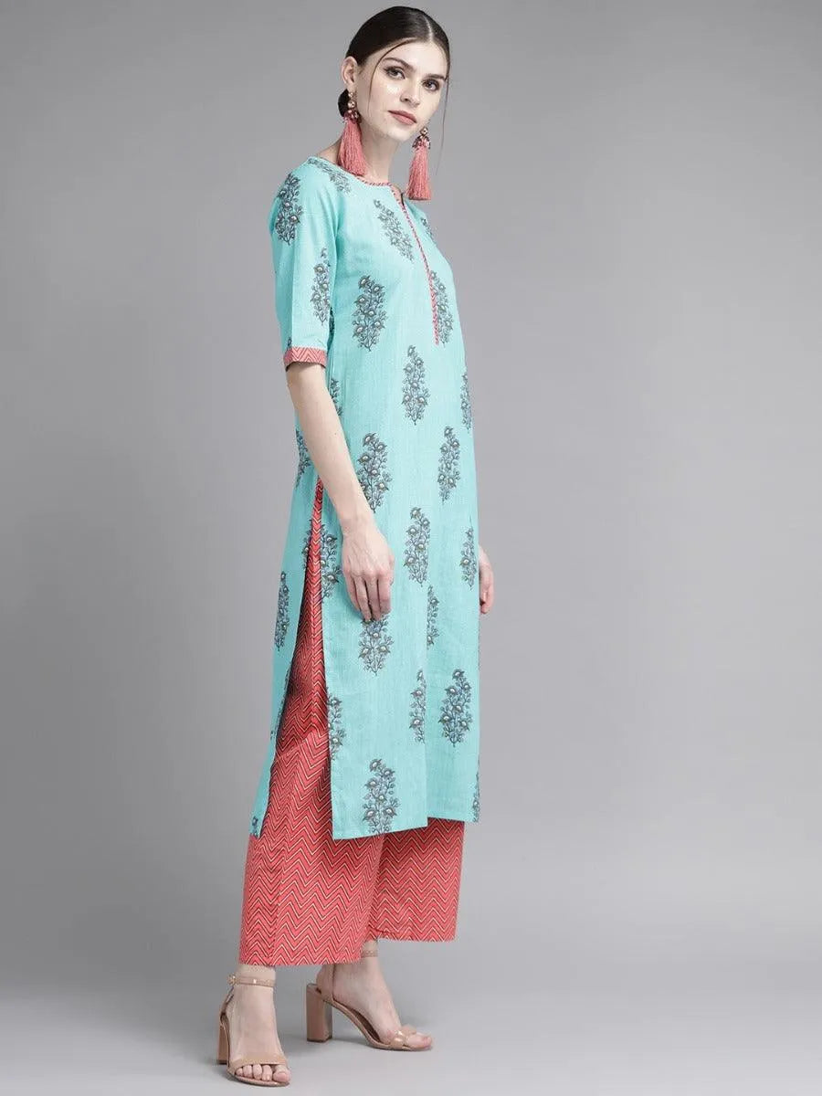 Blue Printed Cotton Suit Set - Libas