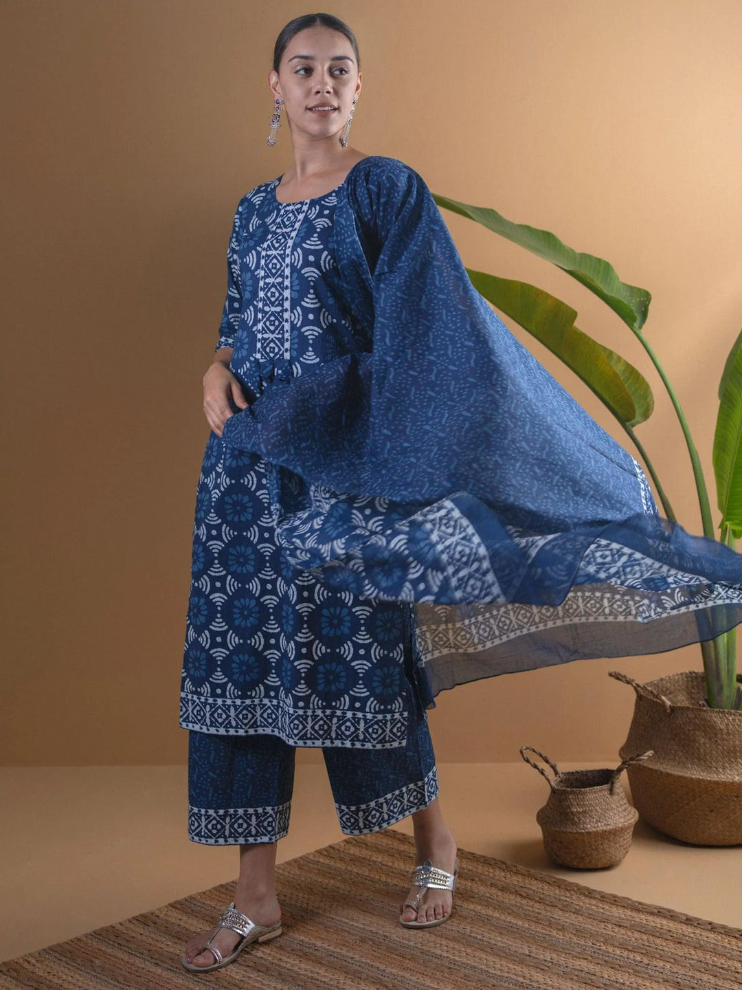 Blue Printed Cotton Suit Set - Libas 