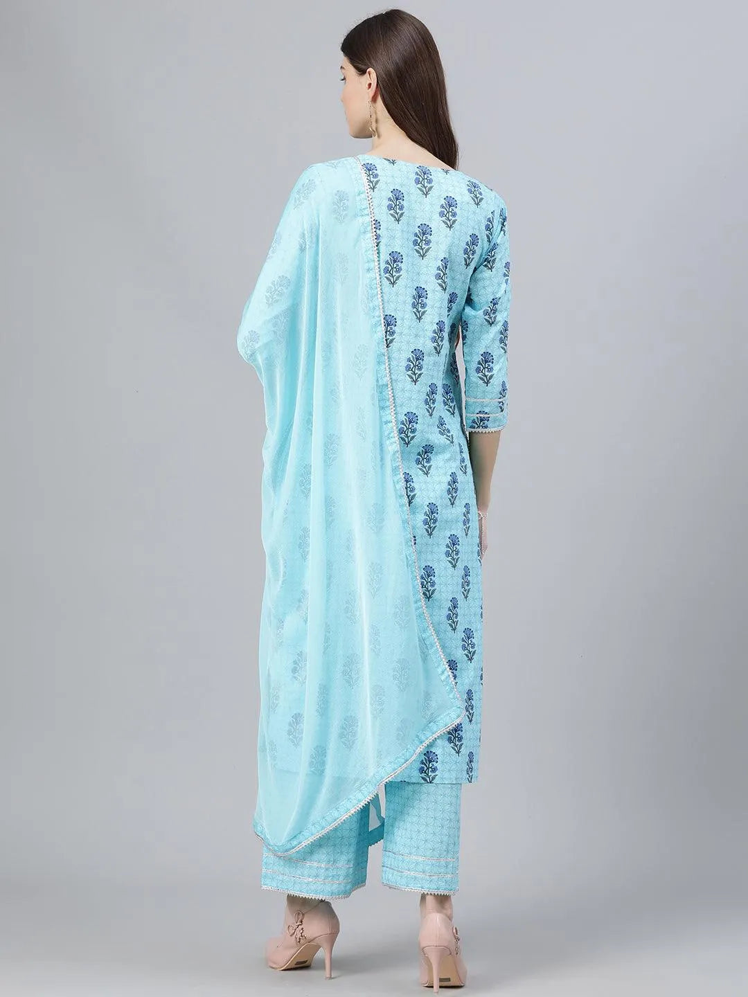 Blue Printed Cotton Suit Set - Libas 