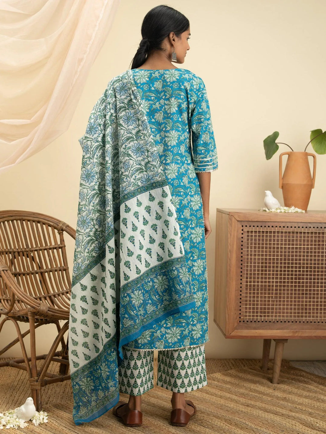 Blue Printed Cotton Suit Set - Libas 