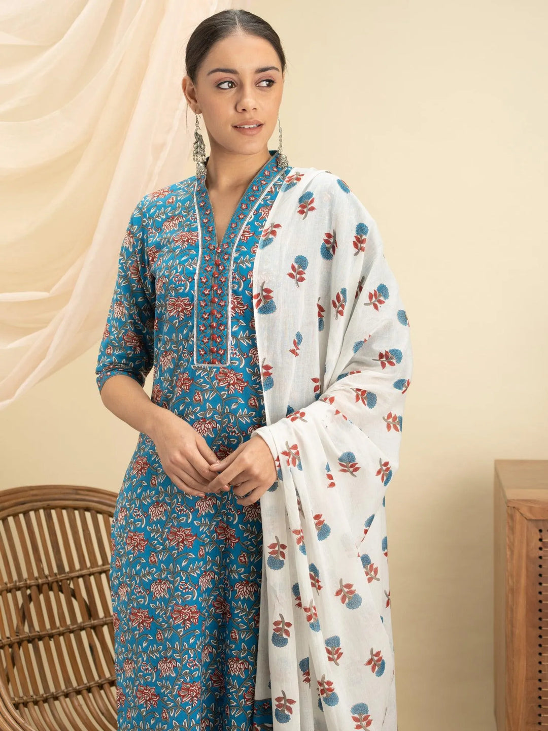 Blue Printed Cotton Suit Set - Libas 