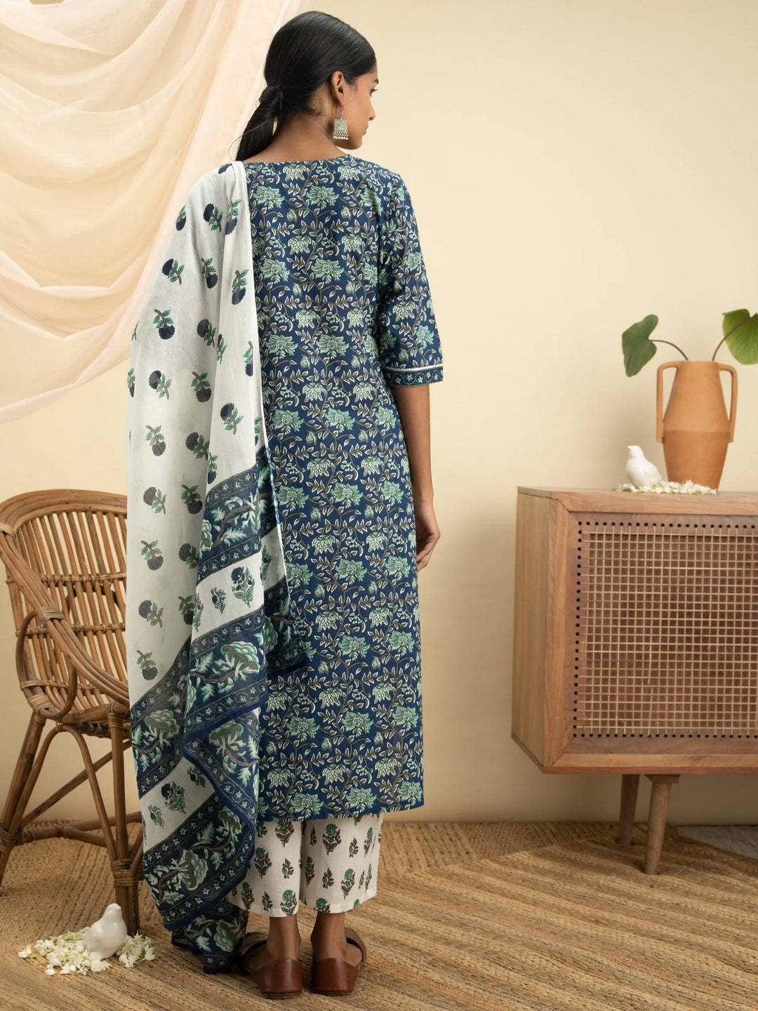 Blue Printed Cotton Suit Set - Libas 