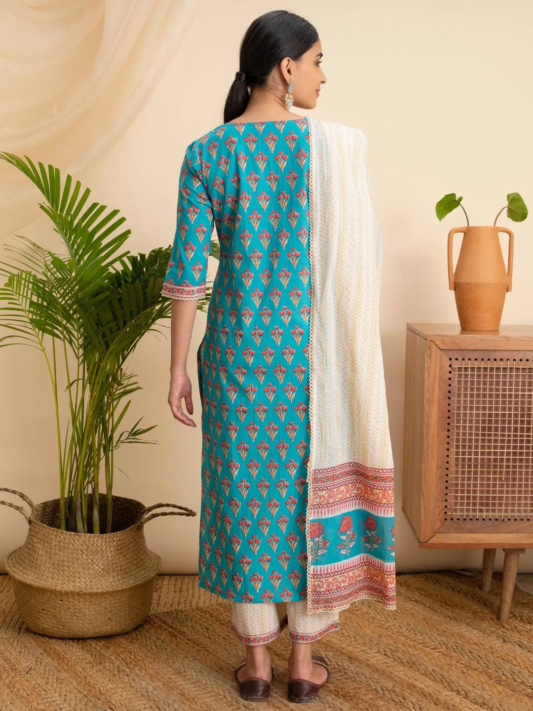 Blue Printed Cotton Straight Kurta With Palazzos & Dupatta - Libas