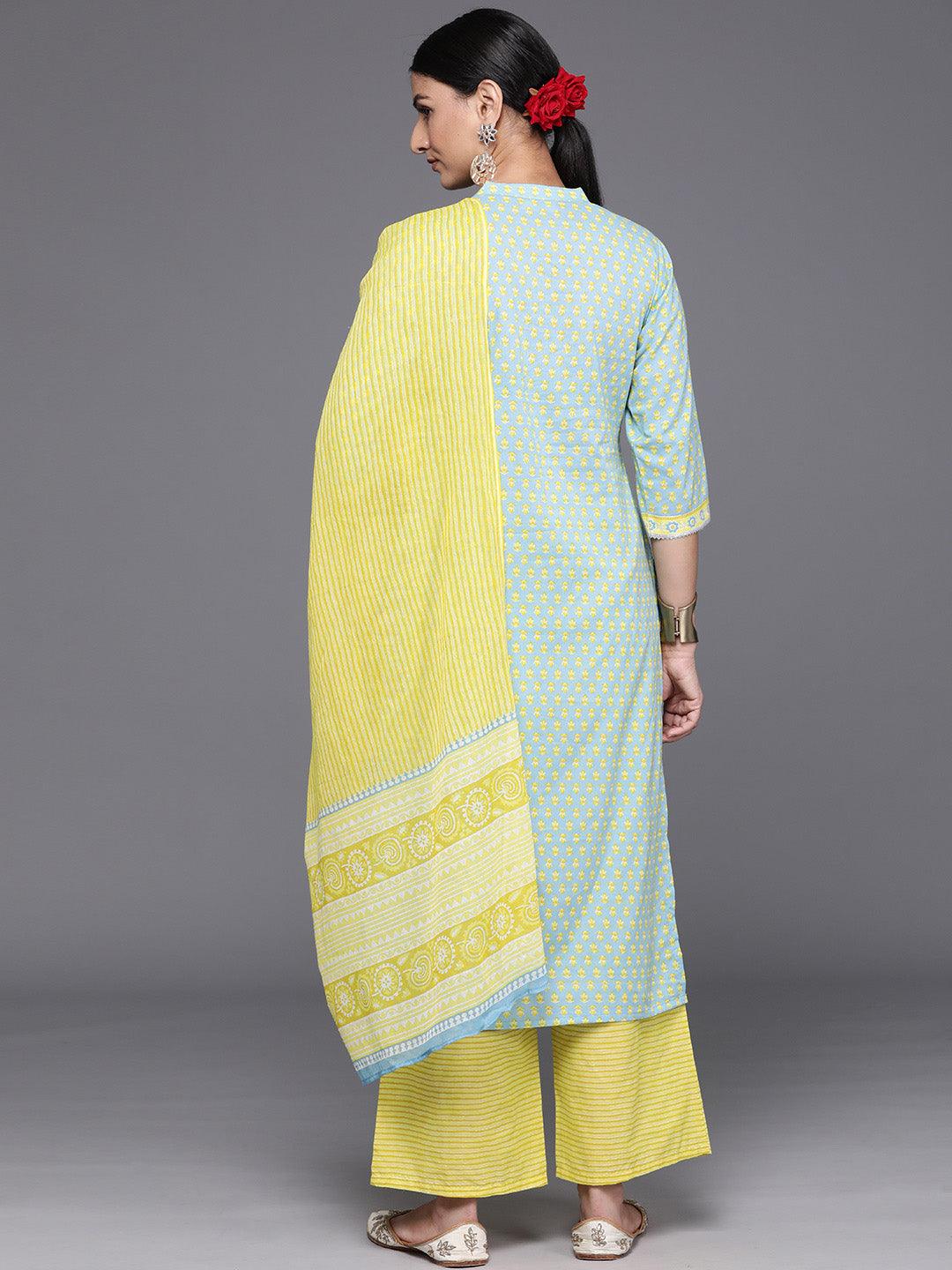 Blue Printed Cotton Straight Kurta With Palazzos & Dupatta - Libas 