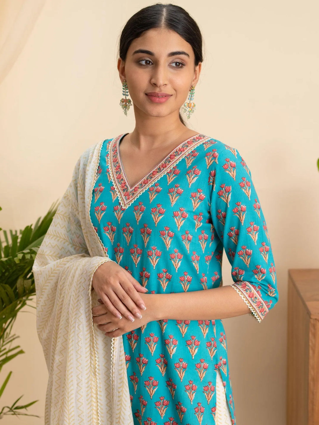 Blue Printed Cotton Straight Kurta With Palazzos & Dupatta - Libas