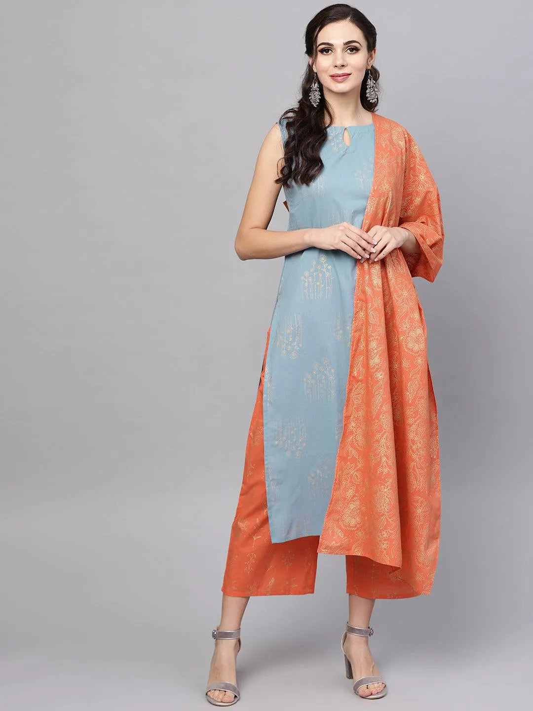 Blue Printed Cotton Suit Set - Libas