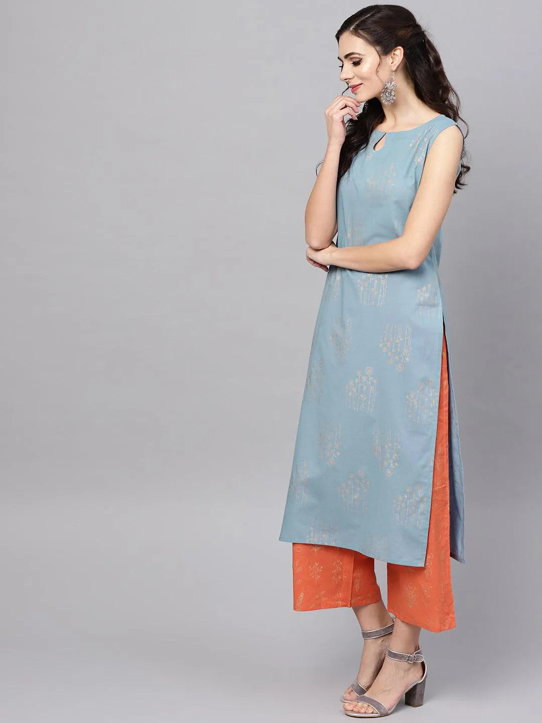 Blue Printed Cotton Suit Set - Libas