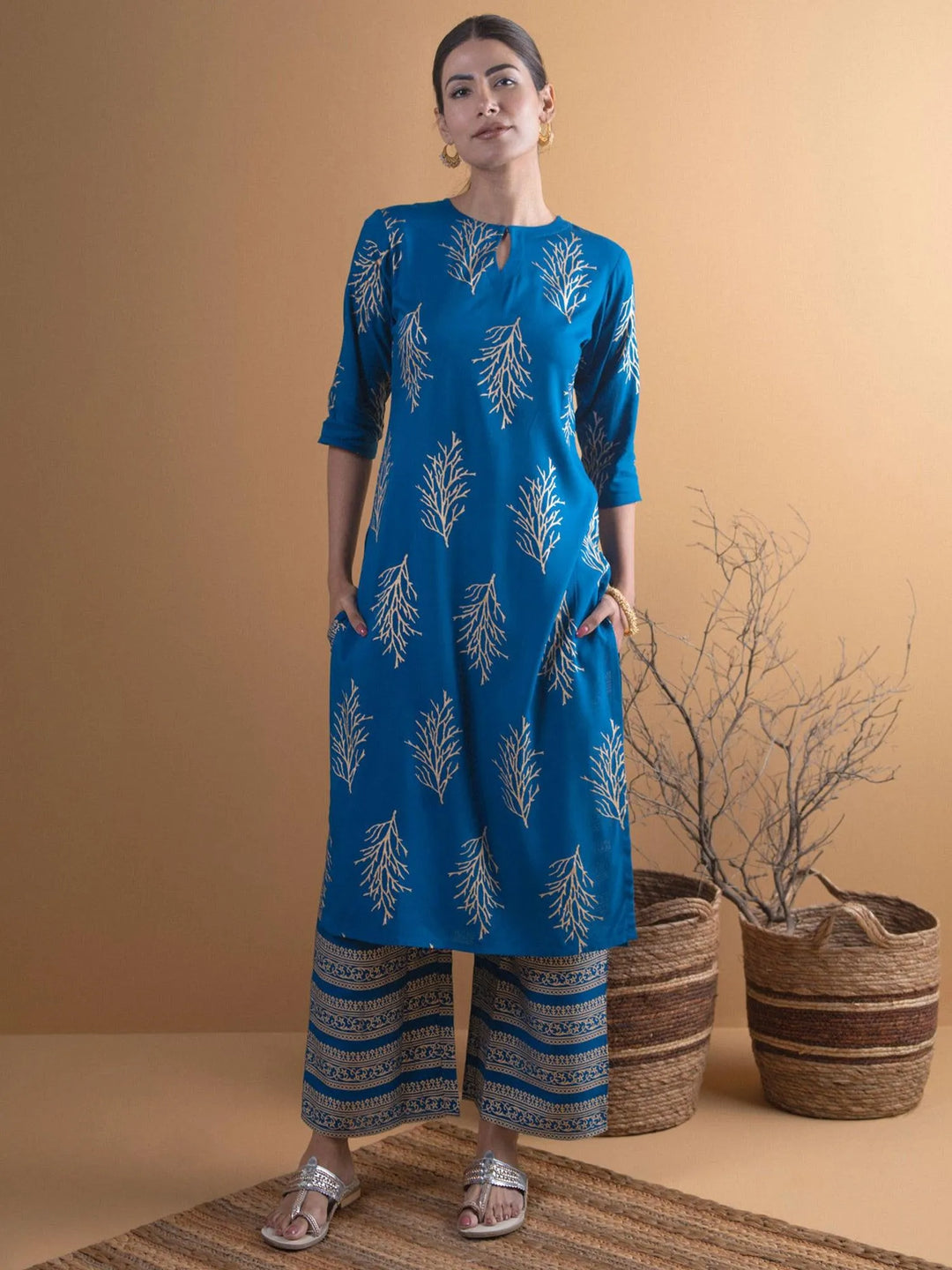 Blue Printed Cotton Kurta Set - Libas