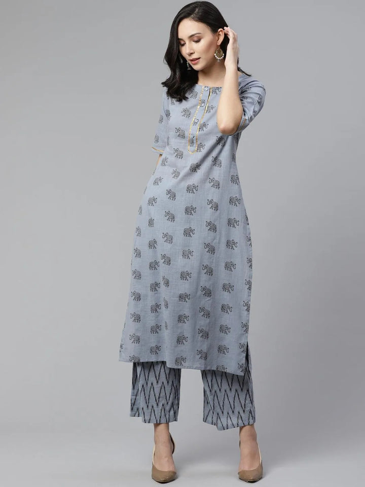 Blue Printed Cotton Kurta Set - Libas