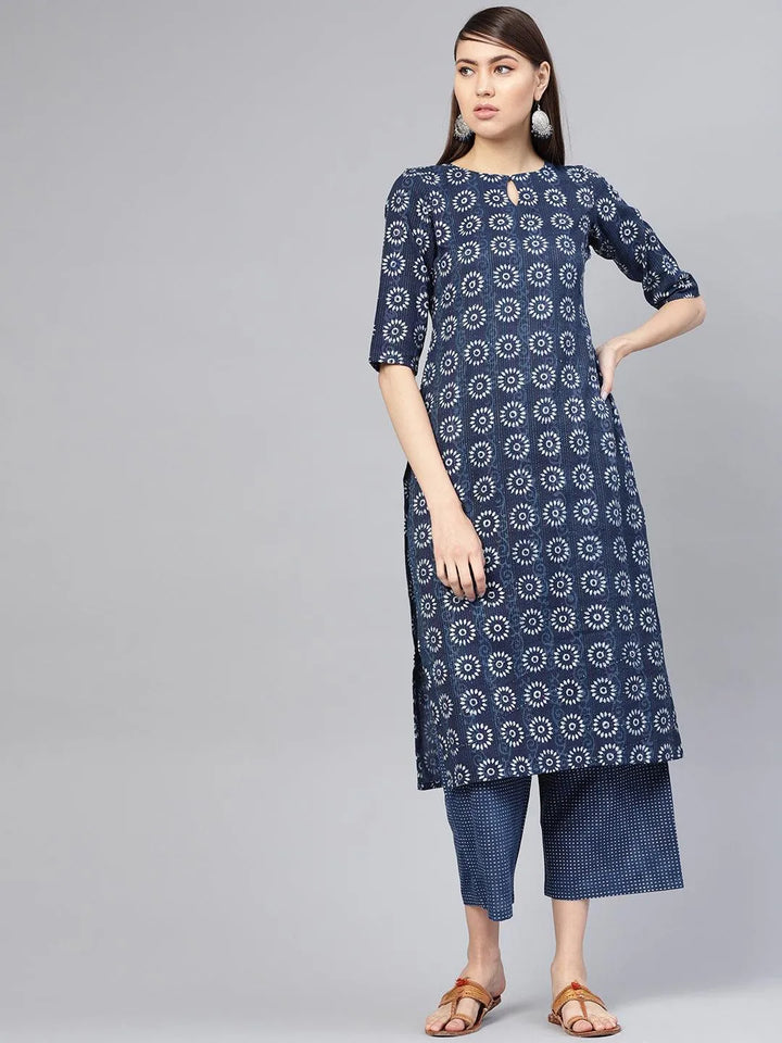 Blue Printed Cotton Kurta Set - Libas