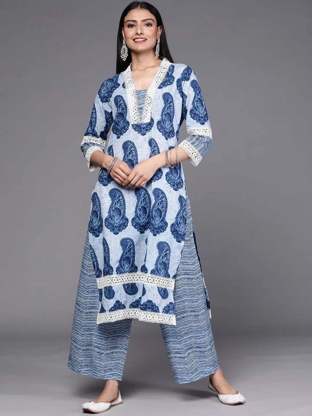 Blue Printed Cotton Kurta Set - Libas 