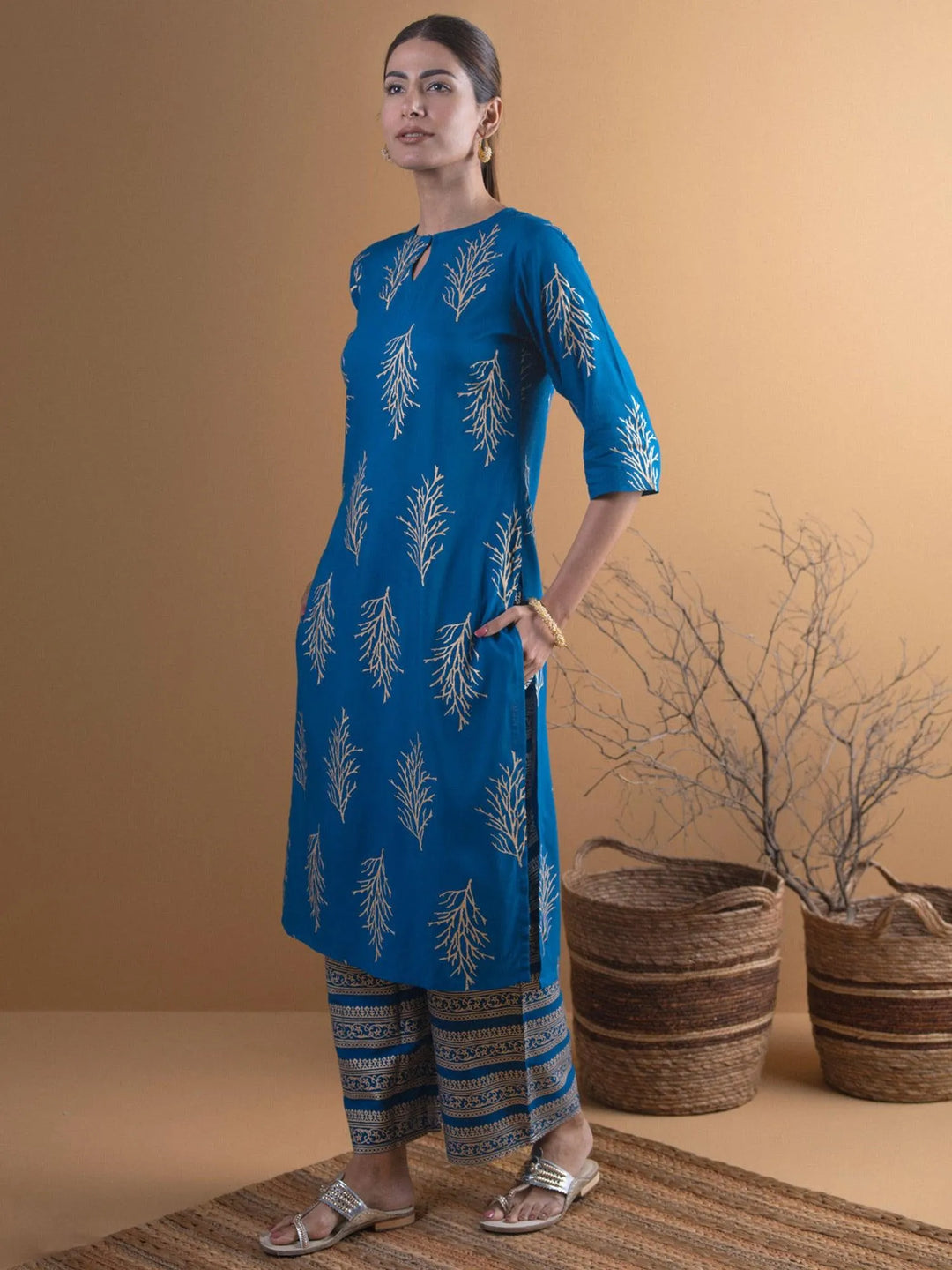 Blue Printed Cotton Kurta Set - Libas 