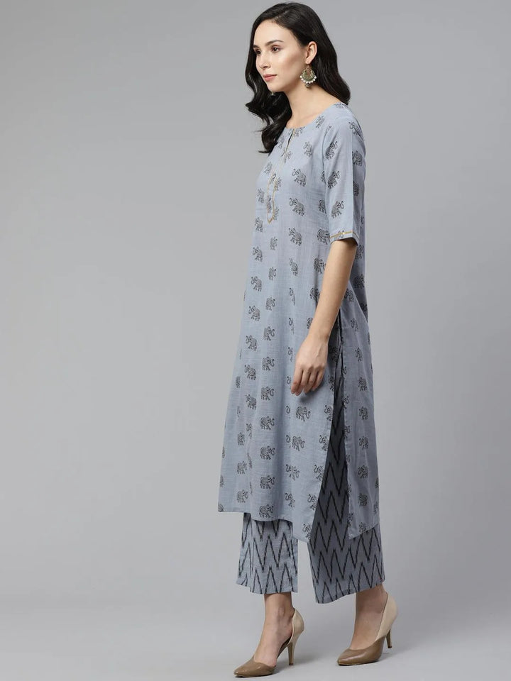 Blue Printed Cotton Kurta Set - Libas