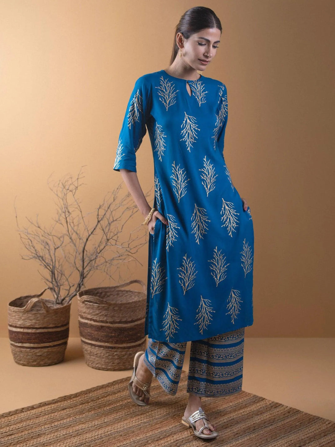 Blue Printed Cotton Kurta Set - Libas 