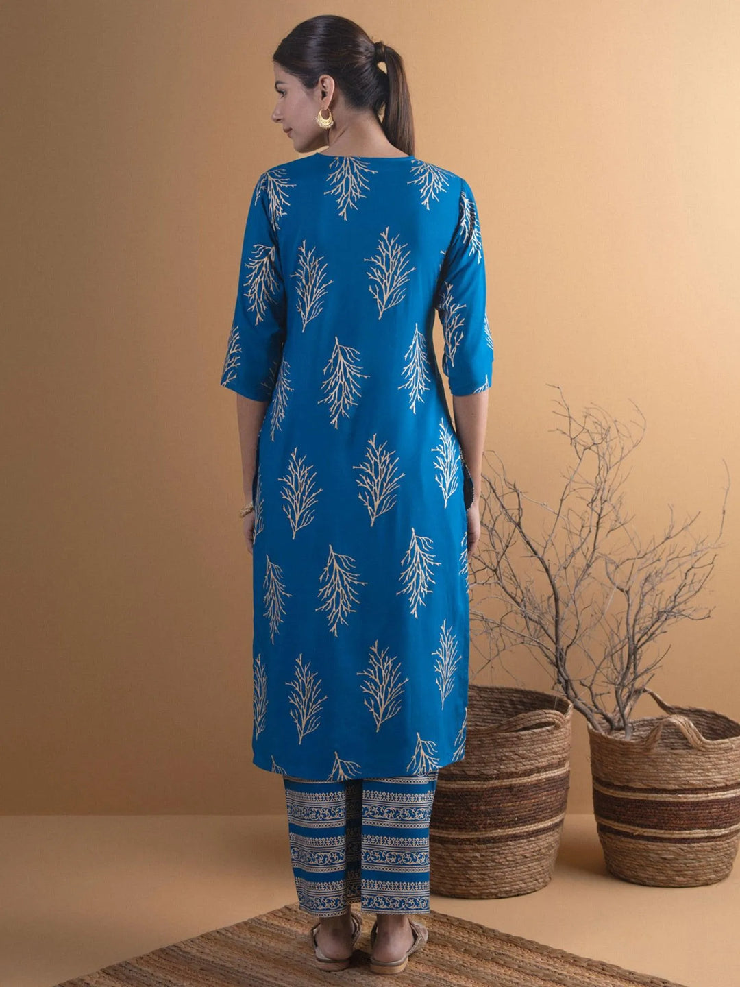 Blue Printed Cotton Kurta Set - Libas 