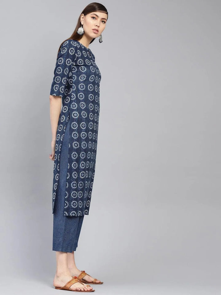 Blue Printed Cotton Kurta Set - Libas