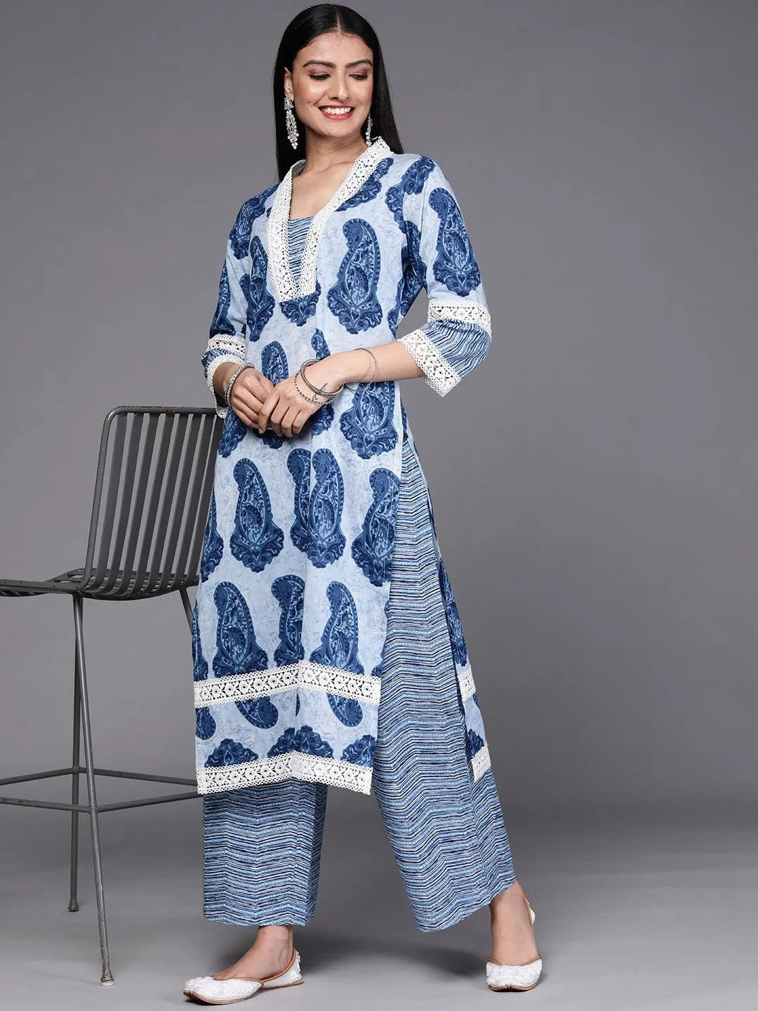 Blue Printed Cotton Kurta Set - Libas