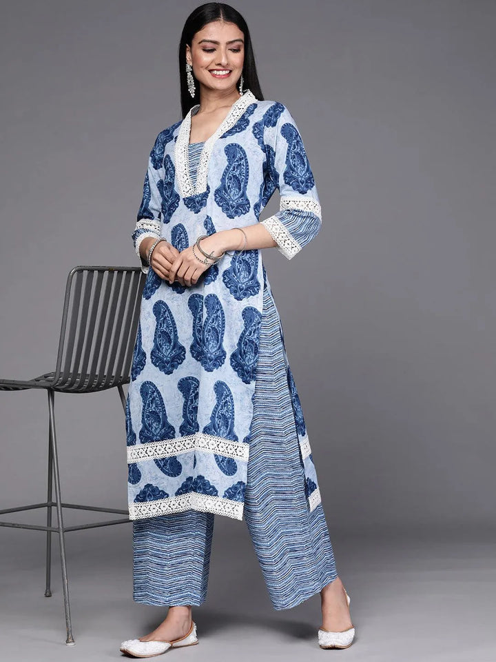 Blue Printed Cotton Kurta Set - Libas