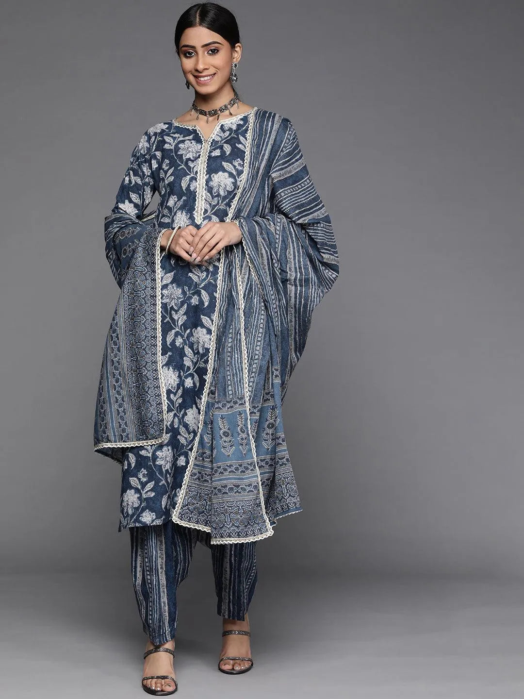 Blue Printed Cotton Suit Set - Libas 