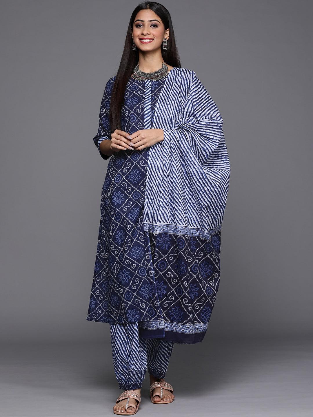 Blue Printed Cotton Straight Kurta With Salwar & Dupatta