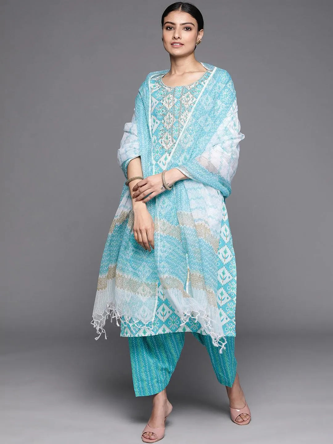 Blue Printed Cotton Suit Set - Libas 