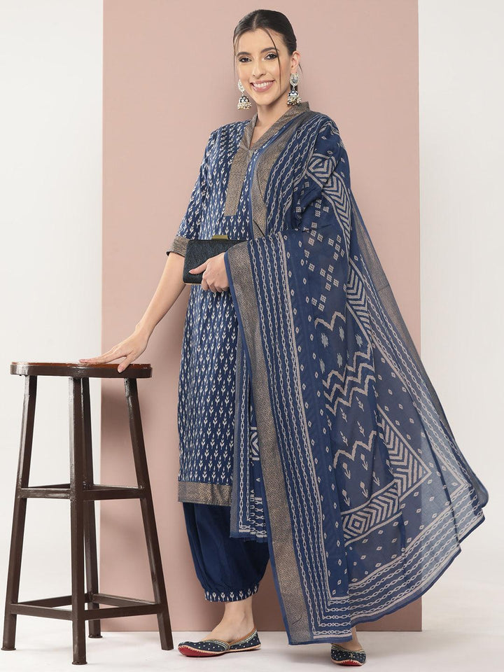 Blue Printed Cotton Straight Kurta With Salwar & Dupatta - Libas