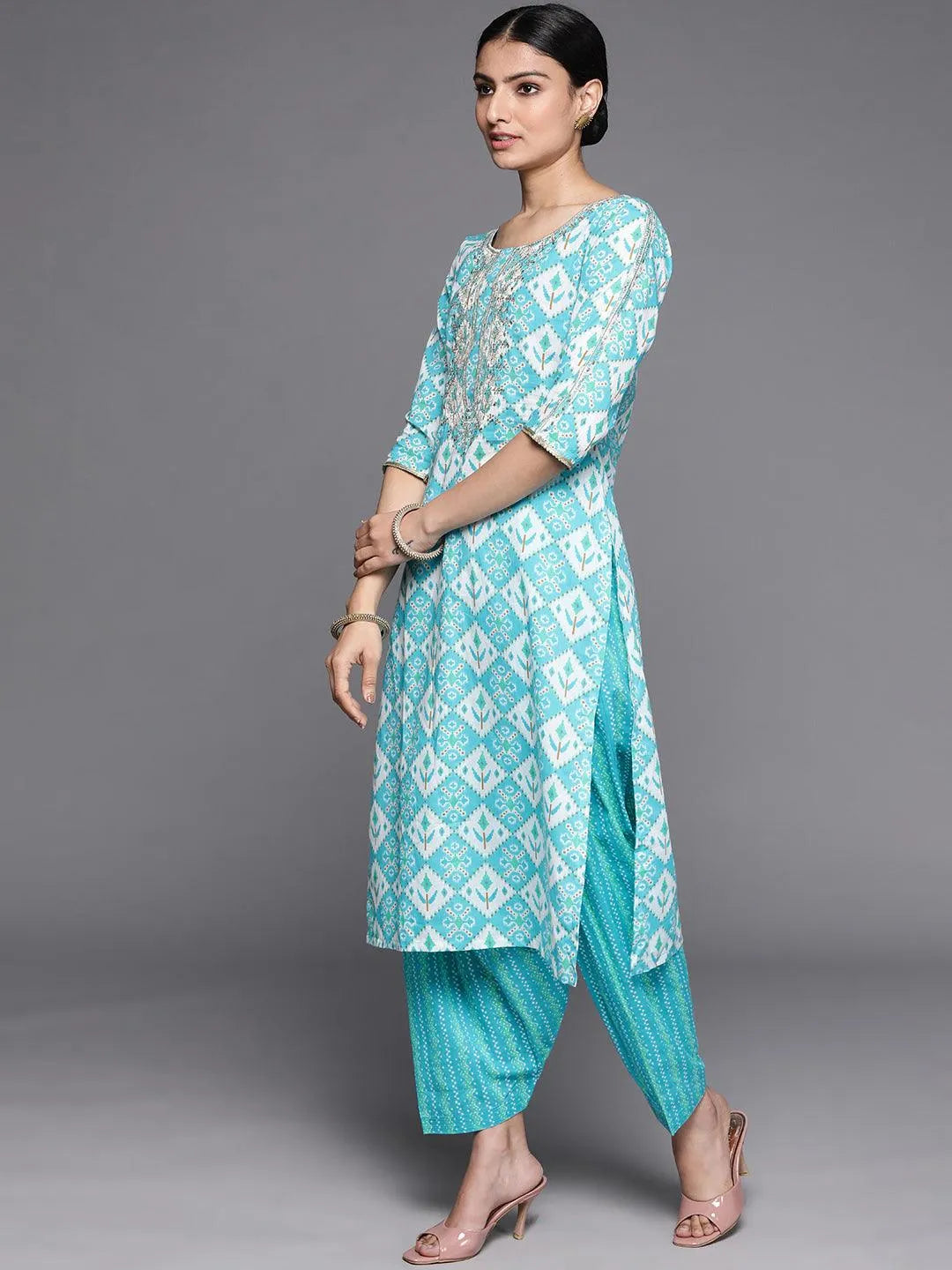 Blue Printed Cotton Suit Set - Libas 