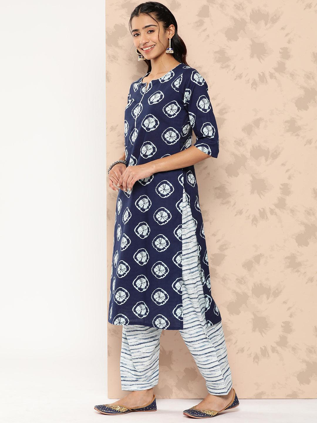 Blue Printed Cotton Straight Kurta With Salwar & Dupatta - Libas